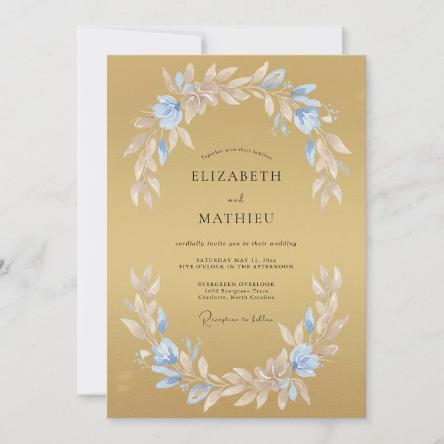 Invitación Boda Frondosa de Oro y Azul (Anverso)
