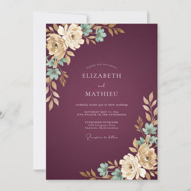 Invitación Boda Frondosa de Oro y Vino (Anverso)