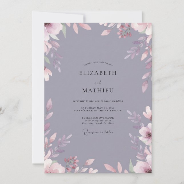 Invitación Boda Frondosa de Pizarra Malva (Anverso)