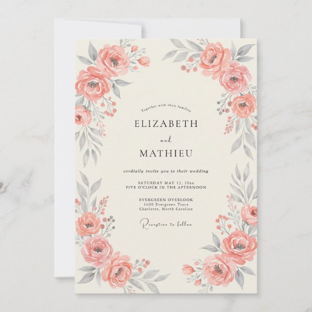 Invitación Boda Frondosa de Salmón Coral (Anverso)