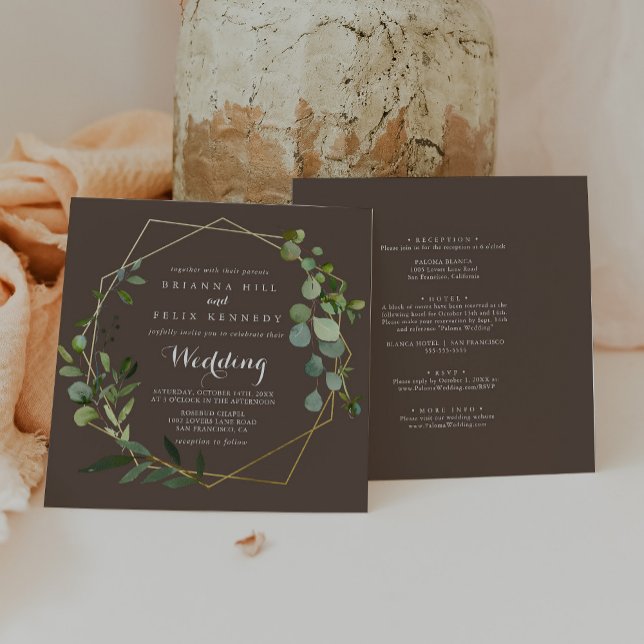 Invitación Boda frontal verde verde geométrico de oro marrón (Subido por el creador)