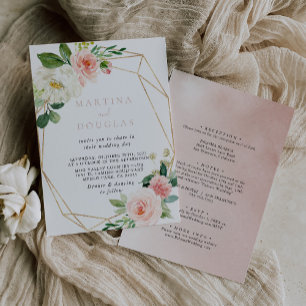 Invitación Boda frontal y de vuelta de las flores geométricas