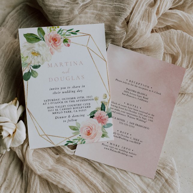 Invitación Boda frontal y de vuelta de las flores geométricas (Subido por el creador)