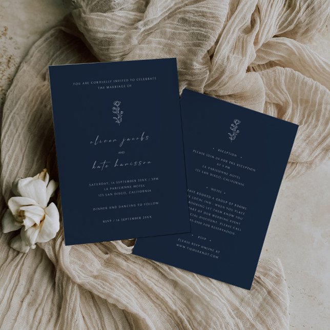 Invitación Boda frontal y posterior azul de la marina de hoja (Subido por el creador)