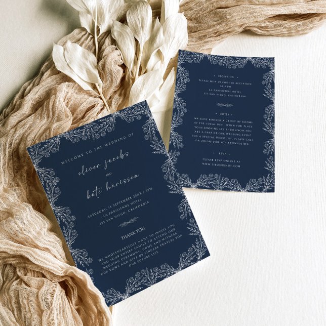 Invitación Boda frontal y posterior azul de la marina floral (Subido por el creador)