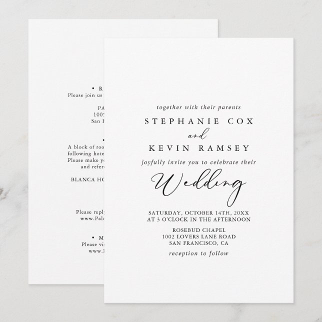 Invitación Boda frontal y posterior de caligrafía estilizada  (Anverso / Reverso)