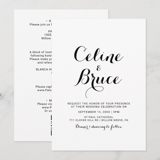 Invitación Boda frontal y posterior de caligrafía moderna (Anverso / Reverso)