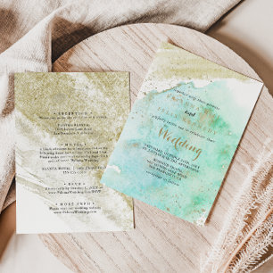 Invitación Boda frontal y posterior de caligrafía verde de or