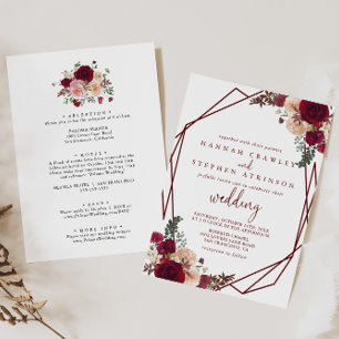 Invitación Boda frontal y posterior de color rojo rosado geom