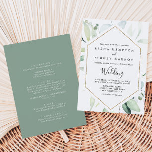 Invitación Boda frontal y posterior de eucalipto de oro geomé