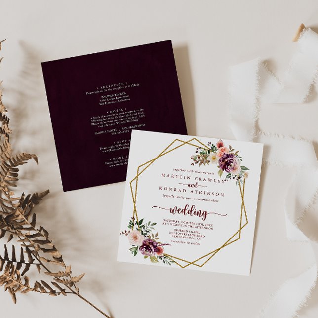 Invitación Boda frontal y posterior de floración rústica geom (Subido por el creador)