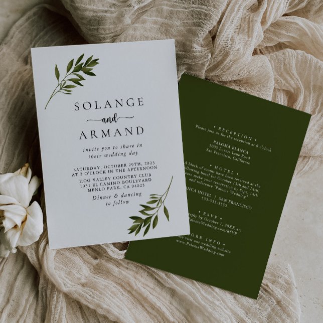 Invitación Boda frontal y posterior de hojas verdes botánicas (Subido por el creador)