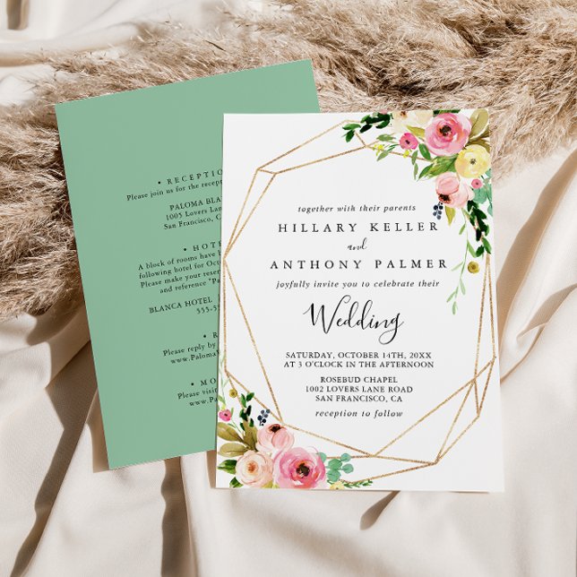 Invitación Boda frontal y posterior de oro tropical geométric (Subido por el creador)
