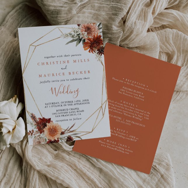 Invitación Boda frontal y posterior del Boho floral geométric (Subido por el creador)