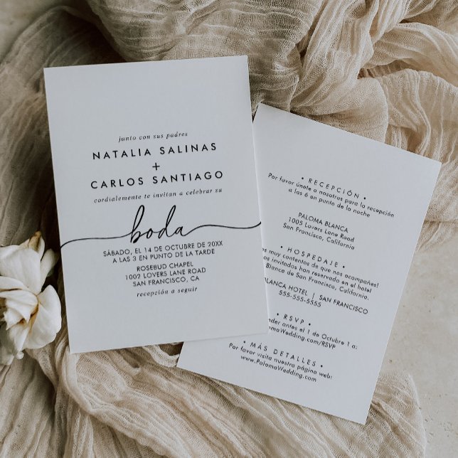 Invitación Boda frontal y posterior del clásico blanco negro (Subido por el creador)