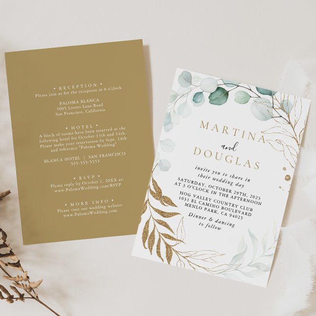 Invitación Boda frontal y posterior del eucalipto verde dorad (Subido por el creador)