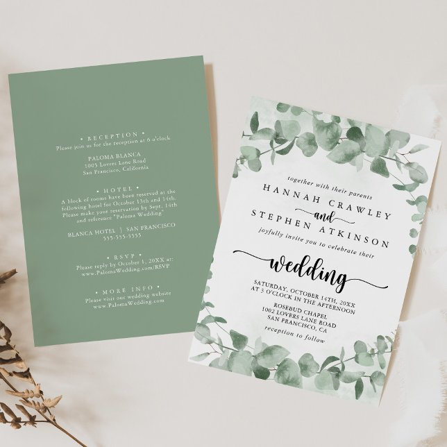 Invitación Boda frontal y posterior del follaje del eucalipto (Subido por el creador)