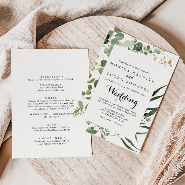Invitación Boda frontal y posterior del follaje verde de oro  (Subido por el creador)