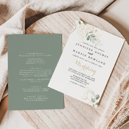 Invitación Boda frontal y posterior del follaje verde dorado
