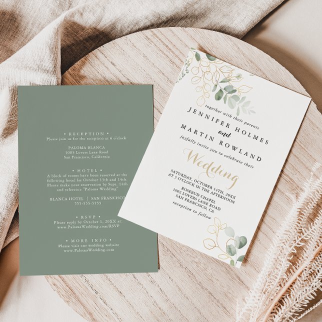 Invitación Boda frontal y posterior del follaje verde dorado (Subido por el creador)