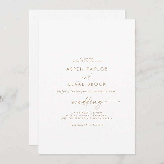 Invitación Boda frontal y posterior del guión dorado moderno (Anverso / Reverso)
