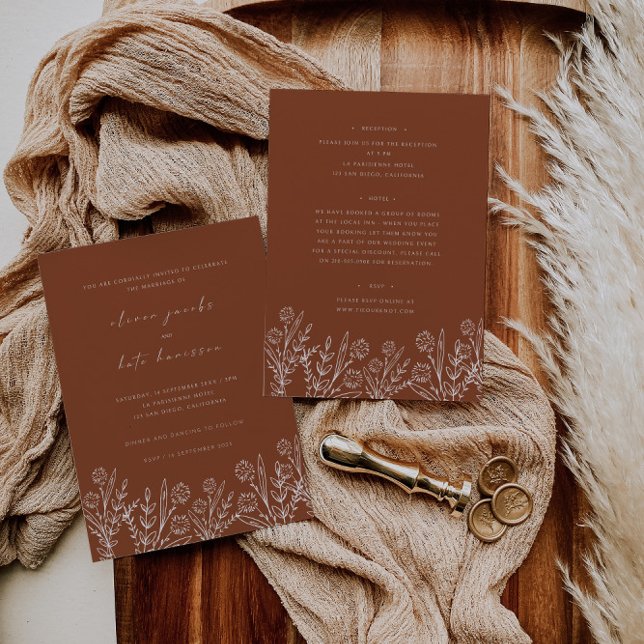 Invitación Boda frontal y posterior del Naranja de flores sil (Subido por el creador)