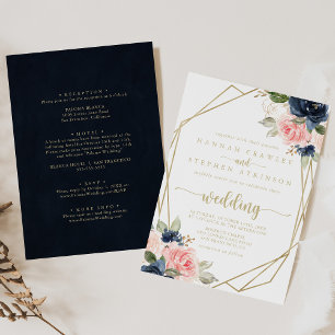 Invitación Boda frontal y posterior geométrico Rubor Gold de