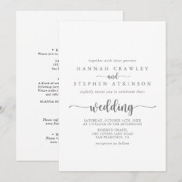 Invitación Boda frontal y posterior plateado de caligrafía