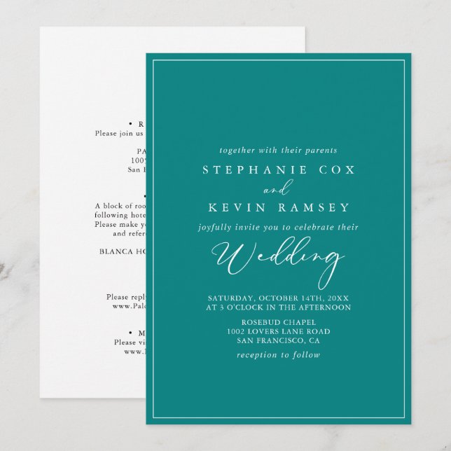 Invitación Boda frontal y posterior Verde azulado geométrico  (Anverso / Reverso)
