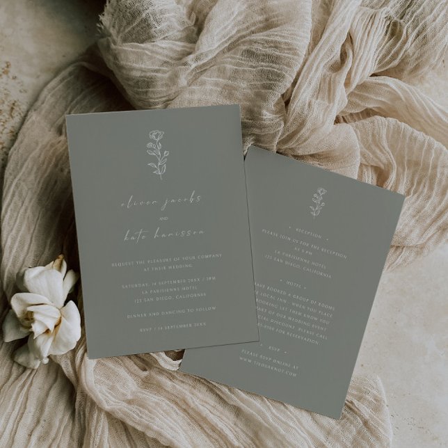 Invitación Boda frontal y posterior verde de hoja mínima (Subido por el creador)