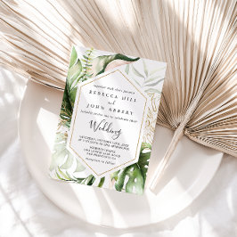 Invitación Boda frontal y posterior verde tropical de oro geo