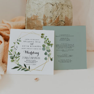 Invitación Boda frontal y posterior verde tropical de oro geo