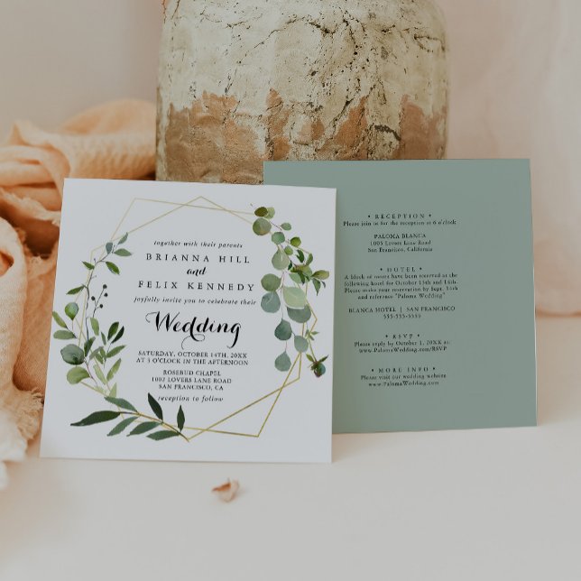 Invitación Boda frontal y posterior verde tropical de oro geo (Subido por el creador)