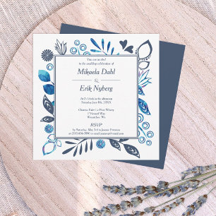 Invitación Boda Frontera Flores Hojas Azules y Gris Azul