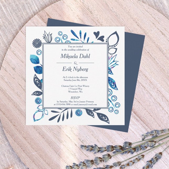 Invitación Boda Frontera Flores Hojas Azules y Gris Azul (navy blue and bright blue floral wedding invitation with decorative, square border frame)