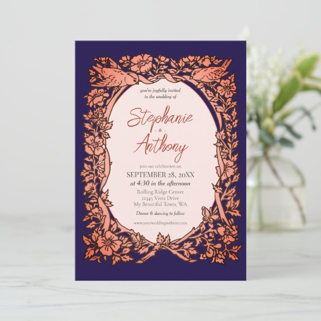 Invitación Boda fronterizo de Copper Azul de Marina Oscura (Anverso de pie)