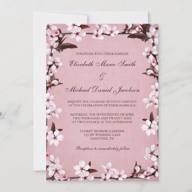 Invitación Boda fronterizo de flores de cerezo rosa (Anverso)