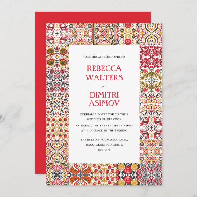 Invitación Boda fronterizo de Khokhloma, arte popular ruso (Anverso / Reverso)
