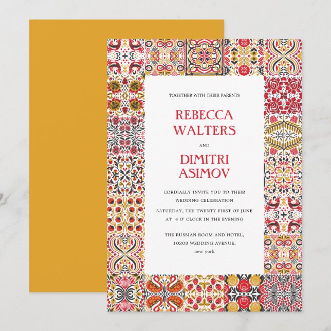 Invitación Boda fronterizo de Khokhloma, arte popular ruso (Anverso / Reverso)