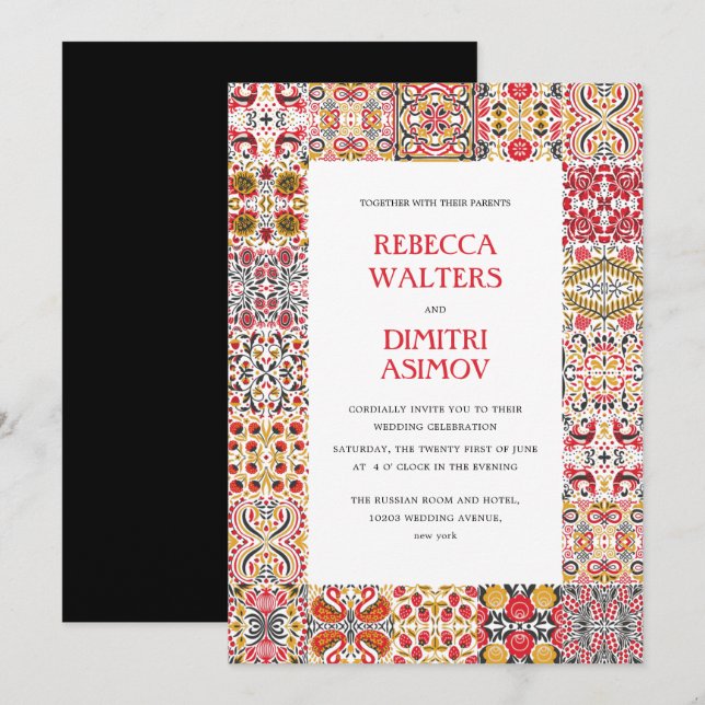 Invitación Boda fronterizo de Khokhloma, arte popular ruso (Anverso / Reverso)