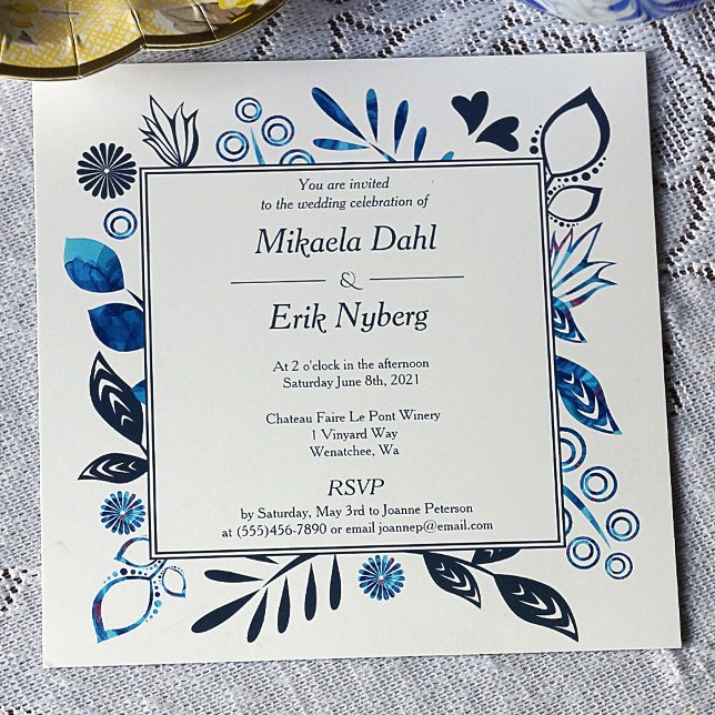 Invitación Boda fronterizo de las flores de hojas de gris azu (Crystal Blue, Blue-gray Floral Border Scandinavian Wedding Invitation w/ Leaves, Flowers, Hearts)