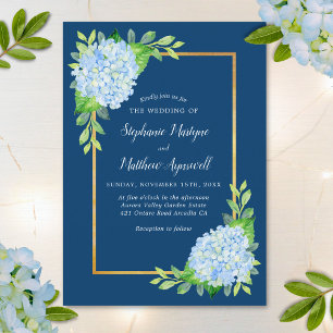 Invitación Boda fronterizo de oro de la Marina Blue Hydrangea
