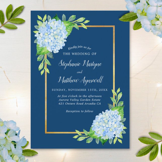 Invitación Boda fronterizo de oro de la Marina Blue Hydrangea (Subido por el creador)