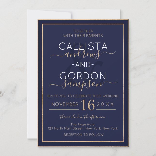 Invitación Boda fronterizo doble de oro azul de la marina min (Anverso)