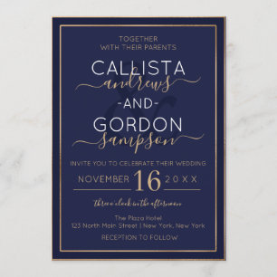 Invitación Boda fronterizo doble de oro azul de la marina min