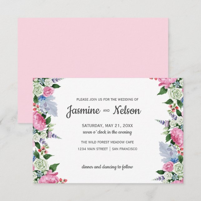 Invitación Boda fronterizo floral de Boho Pink lilac ruso (Anverso / Reverso)