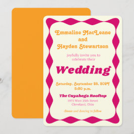 Invitación Boda fronterizo Groovy de onda rosa y dorada