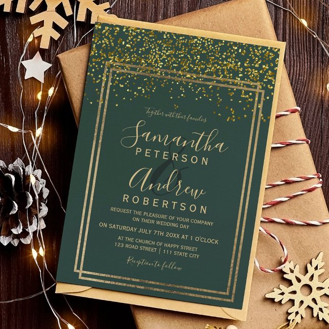 Invitación boda fronterizo verde de confetti dorado de moda (Chic gold confetti green border wedding invitation)