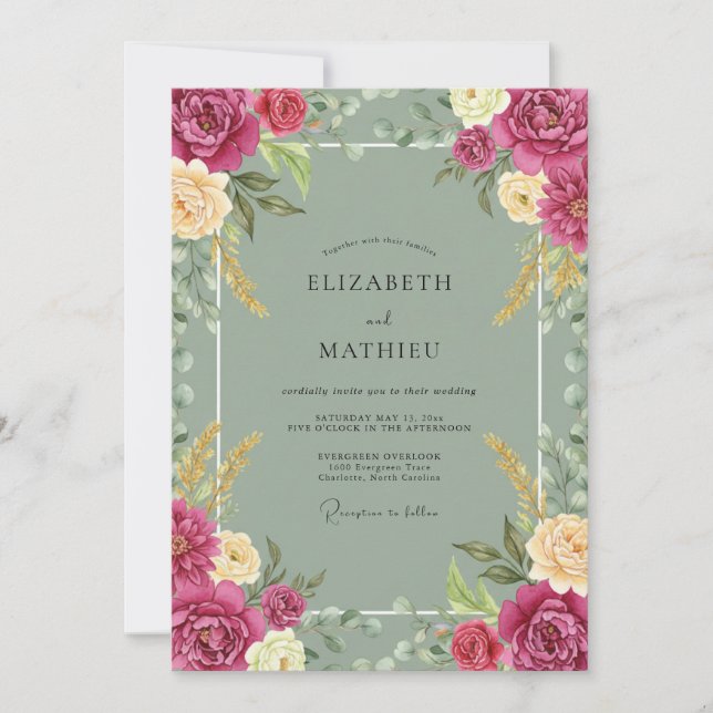 Invitación Boda Fuchsia Celadón Ranunculus Eucalipto (Anverso)
