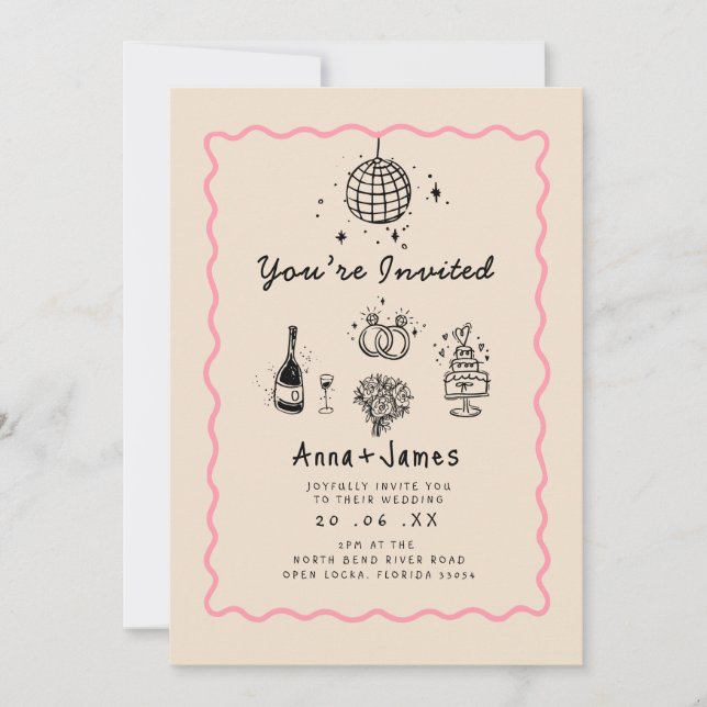 Invitación boda funky caprichoso y de moda a mano (Anverso)